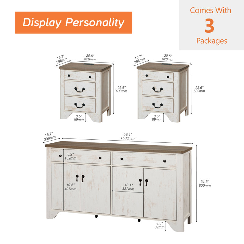  Ensemble de chambre à coucher de ferme 3 pièces Haikey, commode de 59 po de large avec 4 portes et 2 tiroirs, ensemble de table de chevet en bois de 2 avec station de charge pour le salon, le couloir, la salle à manger