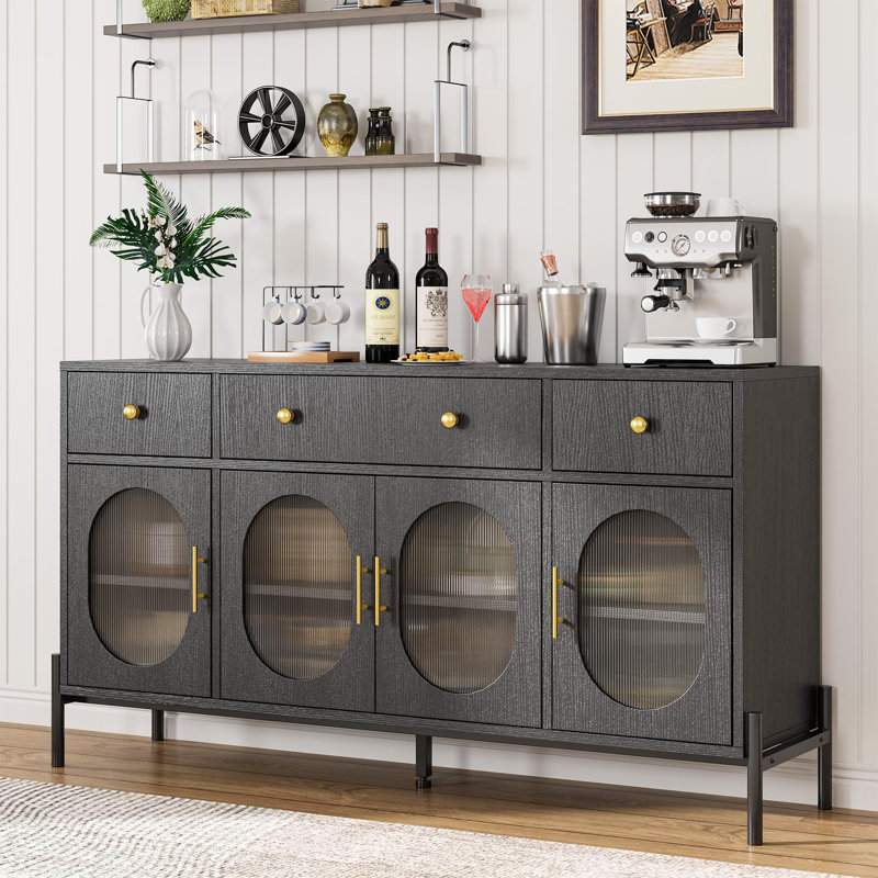 Buffet 62 "avec 3 tiroirs et 4 portes en verre, Noir