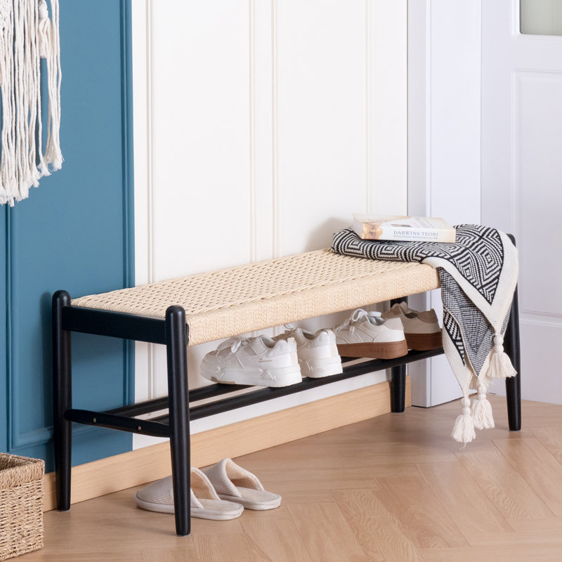 Maceus Solid Wood Entryway Bench with Shoe Storage, Matt Black