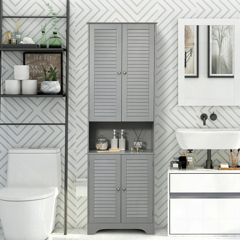 Grande armoire de rangement étroite pour salle de bain avec portes, Gris