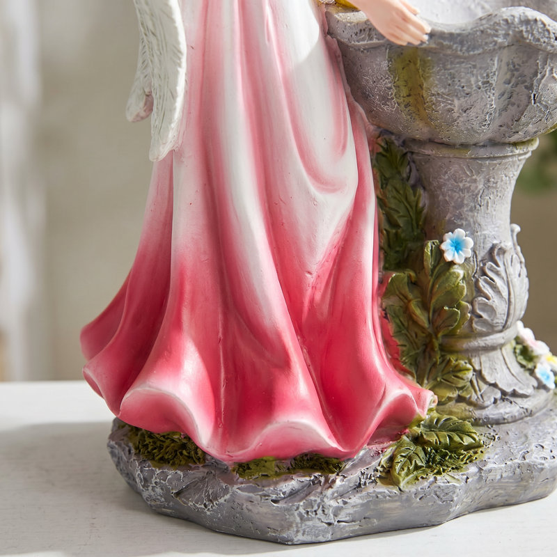 Statue de bain d'oiseau solaire en résine avec couronne de fleurs DEL, pink