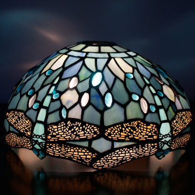 Tiffany Lamp Shade Replacement 12X6 Inch Sea Blue Stained Glass Dragonfly Lampshade Only 1-5/8-Inch
