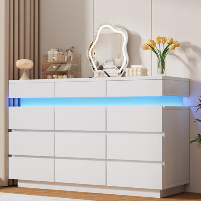 Modern 12 Drawer Dresser for Bedroom, 59" Wide Wooden Chest with LED Lighting