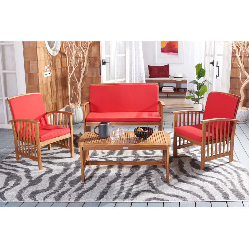 Delosreyes Acacia 4 - Person Patio Conversation Set with Cushions, Natural Frame/Red Cushion