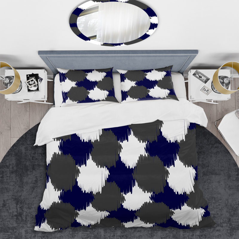 Bleu et blanc Ikat Ogee - Ensemble de housse de couette abstrait - Microfibre de polyester