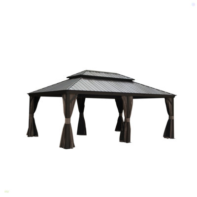 Hardtop Gazebo, Permanent Metal Gazebo With Galvanized Steel Double Roof And Aluminum Frame, Curtain And Netting, Large Pavilion Gazebo For Patio Deck Garden