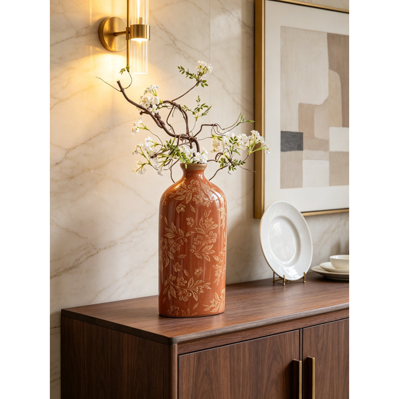 Vase décoratif en céramique rouge avec motif floral, grand vase de table fabriqué à la main de 14,4 po - Centre de table artisanal vitré pour salon, table de salle à manger et tablette