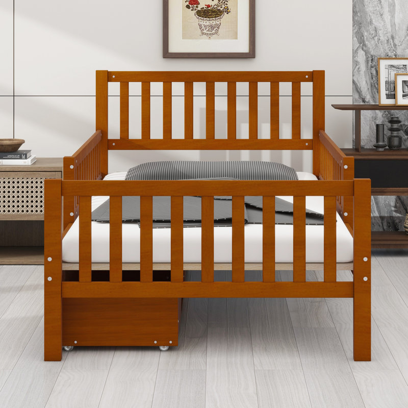 Lit plateforme en bois avec garde-corps des deux côtés et deux tiroirs de rangement, Lit simple