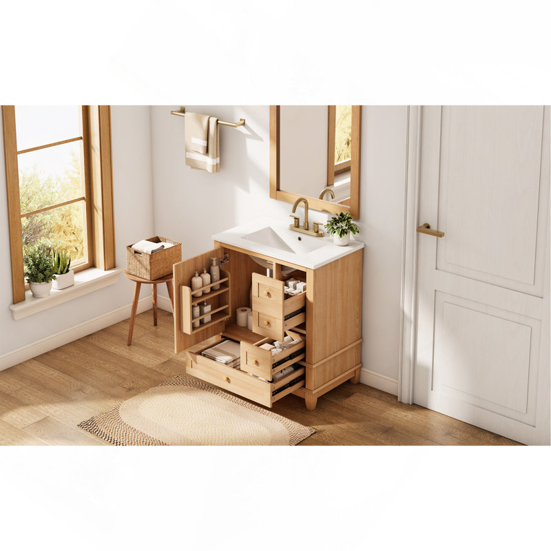 Meuble-lavabo de 30 po avec lavabo en céramique, armoire de salle de bain autoportante avec grain de bois naturel, pieds en bois d'hévéa massif, portes et tiroirs à fermeture en douceur, grand espace de rangement, bois naturel