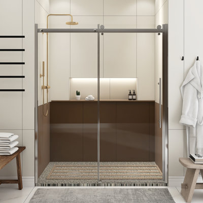 Porte de douche coulissante simple en chrome l 60 po x H 72 po, porte de douche en verre trempé transparent de 1/4 po d'épaisseur, avec système de rail à roulement en zinc et poignée en acier inoxydable