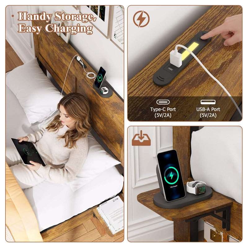 Base de lit de style campagnard avec tablette de rangement pour tête de lit, cadre de lit plateforme en bois avec lumières à DEL et station de charge, lit en bois brun rustique, aucun sommier nécessaire, structure robuste sans bruit
