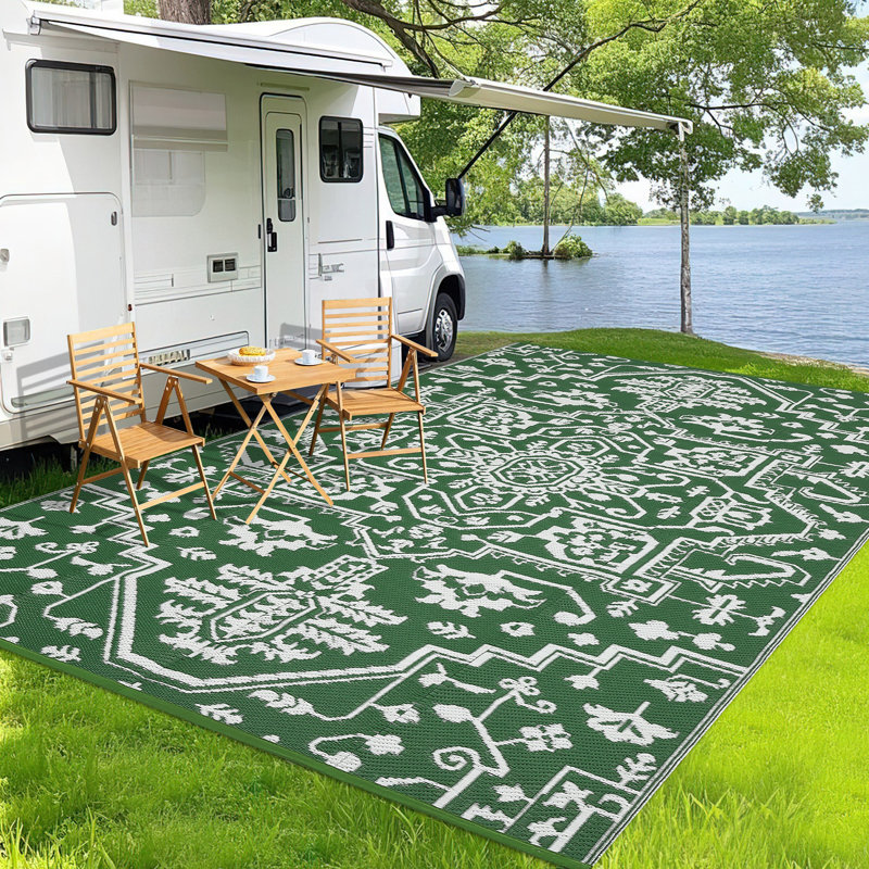 Reversible Outdoor Rug, 9' x 12', Waterproof Plastic with UV-Resistant Finish, Foldable with Stakes and Carry Bag for Patio, Deck, Camping or RV