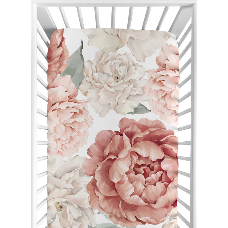 Drap-housse pour grand lit de bébé pivoine rose et ivoire par Sweet Jojo Designs