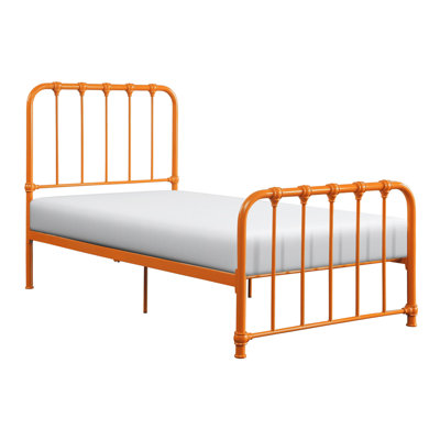 Twin-size Orange Metal Bed, No Box Spring, Ideal For Bedroom Ornamentation Twin Bed In Cheerful Orange, Spring Not Required
