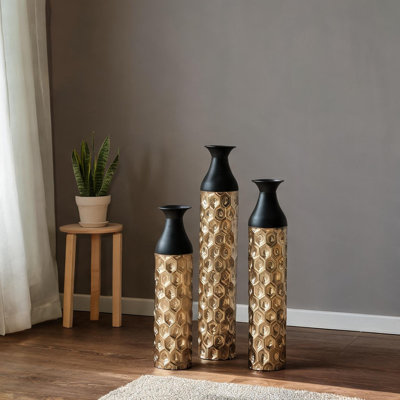 Ensemble de 3 vases de plancher de salon en métal noir élégant avec des accents dorés, mesurant 24,8 à 33,8 pouces de hauteur