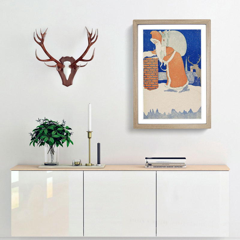 Father Christmas with Reindeer - Picture Frame Painting Print, 50cm H x 35cm W x 2cm D, Oak