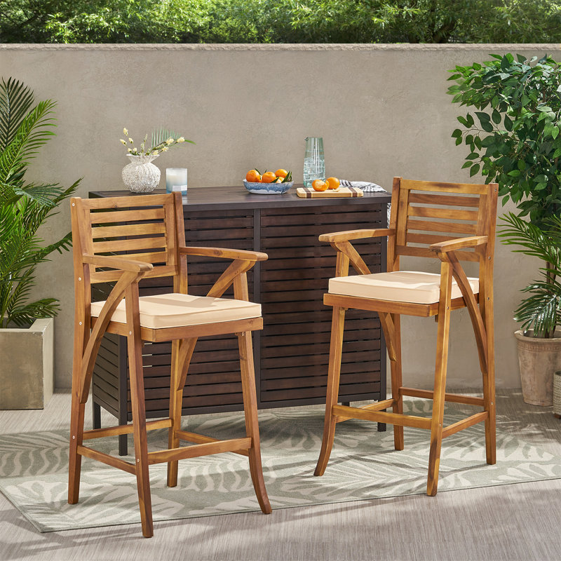 Teak Finish Acacia Wood Outdoor Barstools with Cushions, Set of 2
