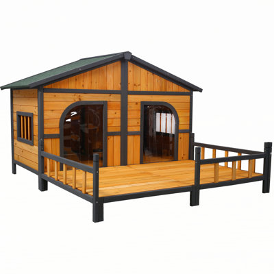 Grand chenil extérieur en bois pour chien XL avec plancher surélevé et porche, abri pour chiots résistant aux intempéries pour chiens de petite et moyenne race, naturel