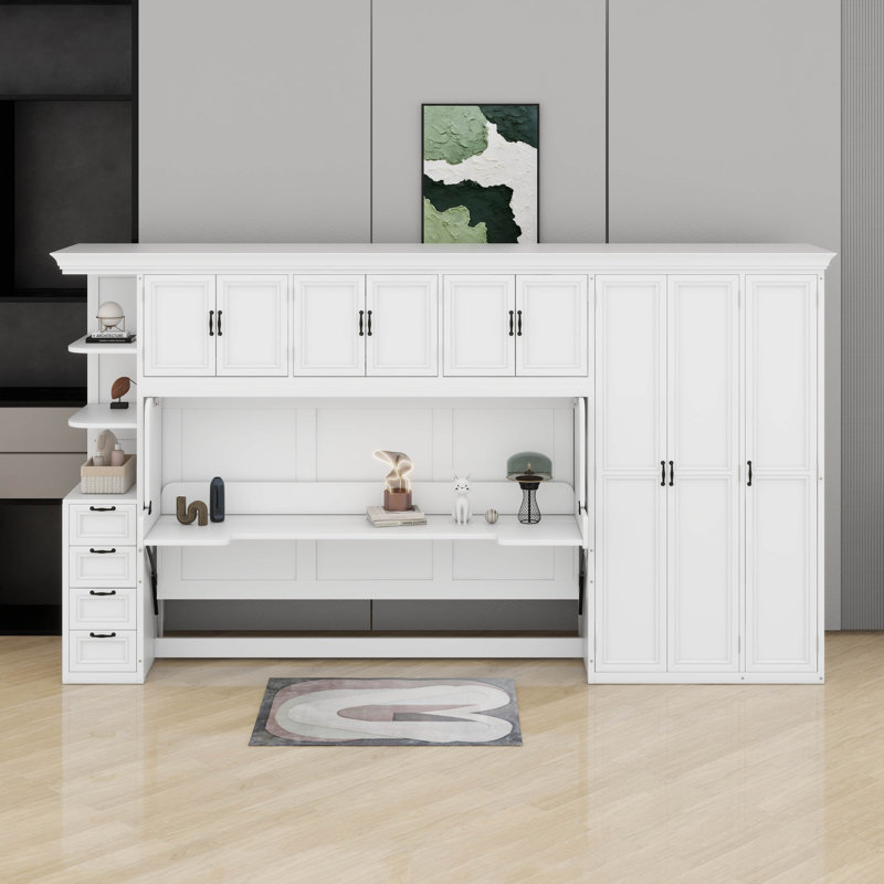 Lit escamotable simple avec garde-robe, armoire et bureau, Blanc