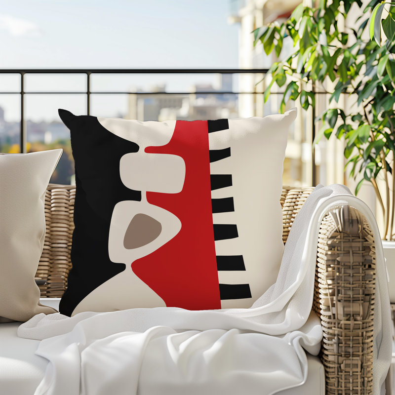Oreiller carré réversible intérieur / extérieur Kanai, Rouge / noir / blanc cassé abstrait, H 17 po x l 17 po