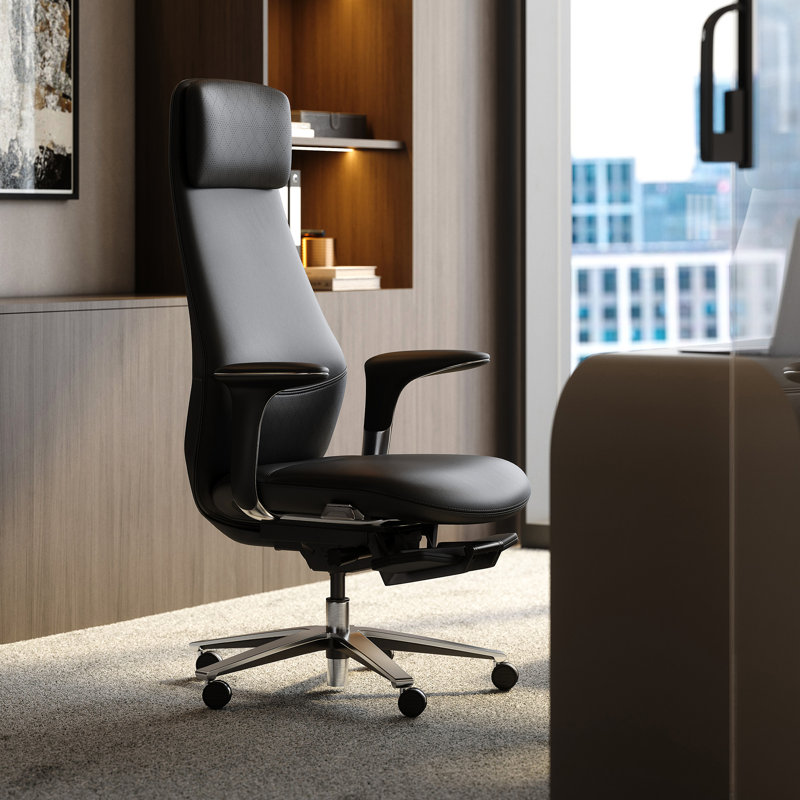 Executive Office Chair with Foot Rest, Top Grain Genuine Leather Office Chair, Ergonomic High Back Design. Real Leather, Wheels, Alumium Base. Padded Armrest, Luxury and Comfy(Black)
