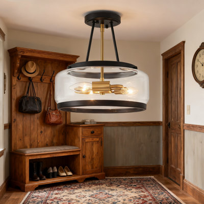 3-Light Semi Flush Mount Ceiling Light Fixture With Glass Shade, Dimmable Drum Chandelier For Hallway, Entryway, Bedroom, Kitchen And Dining Room Lighting, UL Listed