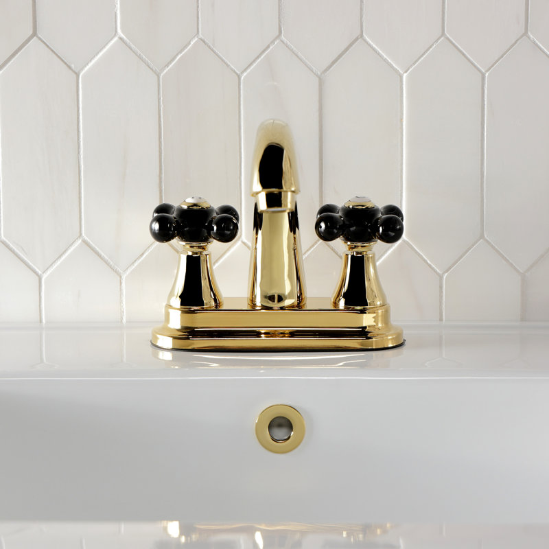 Kingston Brass Duchess Two-Handle 3-Hole Deck Mount 4" Centerset Bathroom Faucet with Brass Pop-Up, Polished Brass
