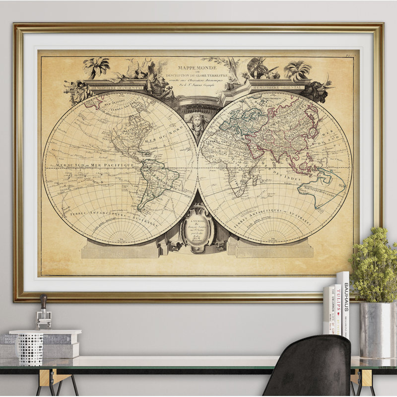 « rétro world map viii antique », impression, Or, H 31 po x l 43 po x P 1,5 po