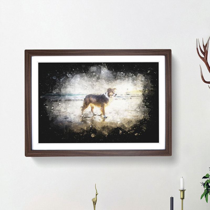 Border Collie Dog at the Beach - Picture Frame Painting Print, 33cm H x 45cm W x 2cm D, Walnut Framed