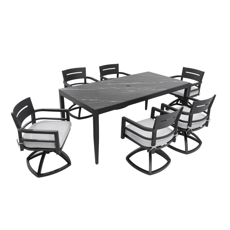 Modern 7PC Outdoor Patio Aluminum Dining Set,  35.5"x71"Rectangular Dining Table, Greek Marble-Inspired Sintered Stone, 6 Swivel Rockers, Sunbrella Cushions