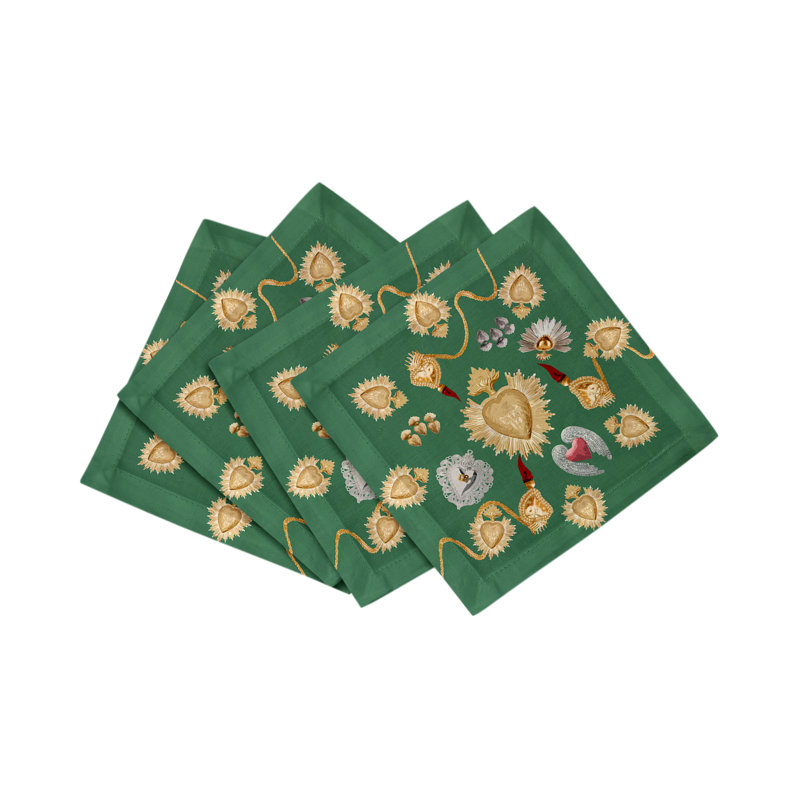 Ex Vote Sacred Hearts Cotton Sateen Cocktail Napkins, Evergreen