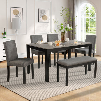 6-Piece Dining Table Set with Bench and Chairs, Dining Table Set for 6 with Bench, Wooden Dining Table Set for Kitchen, Dining Room, Light Grey & Blac