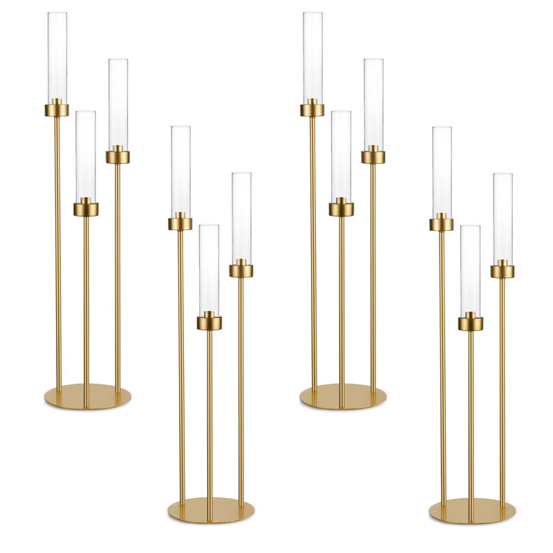 Gold Candelabra for Table Centerpieces 33.8 '' Tall Taper Candle Holders with Acrylic Lampshade, 3-arms Candelabra Centerpieces for Tables, Wedding, Birthday Party, Home Decoration