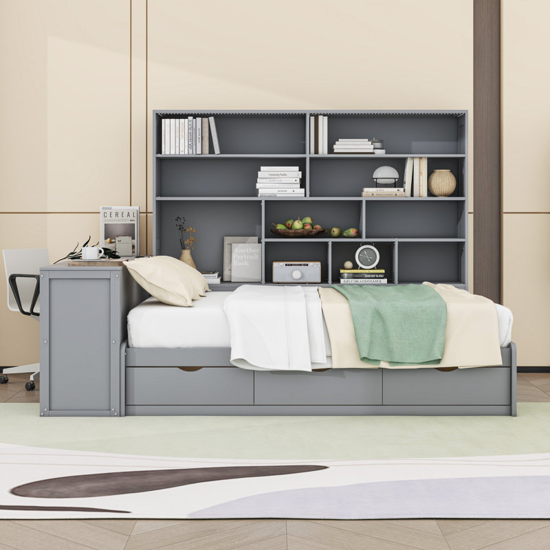 Lit de jour double en bois avec 3 tiroirs et bureau intégré, Gris