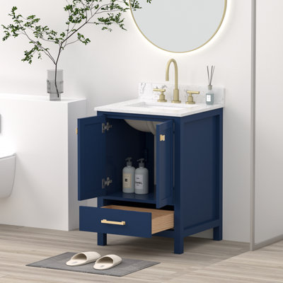 24" Solid Wood Freestanding Bathroom Vanity With Engineered Stone Top