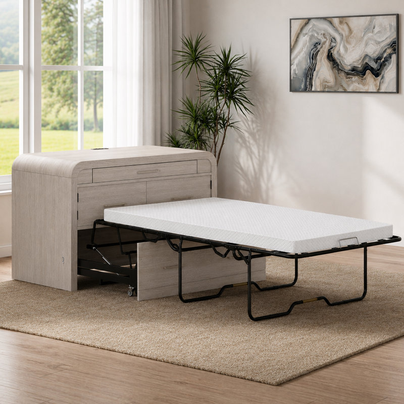 Console Dream Desk Twin en bois Avel avec matelas et coins arrondis, gris bouleau moisson
