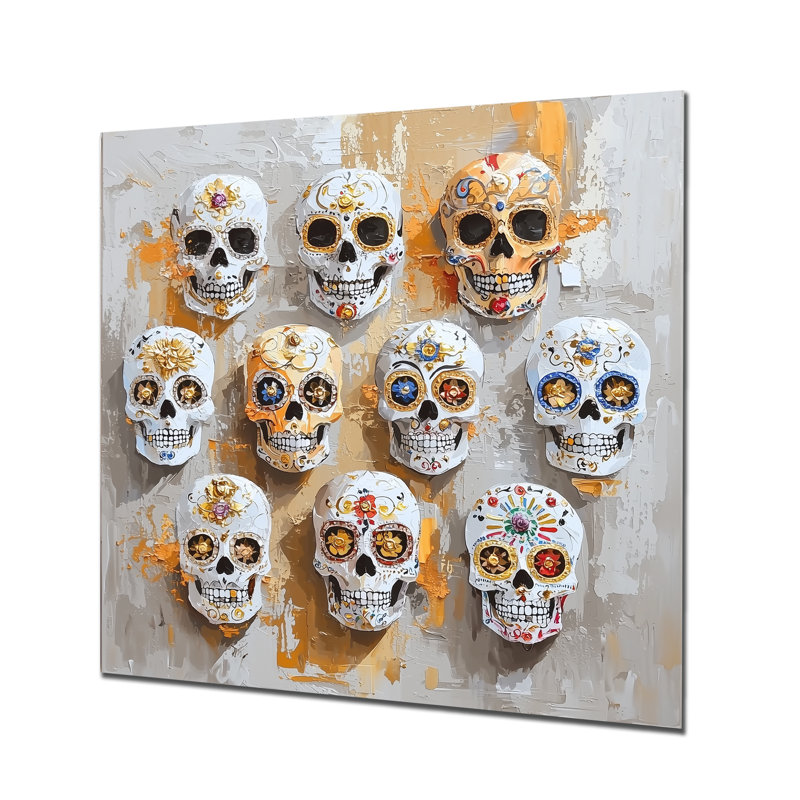 Calavera, jour des morts - impression murale en métal crâne moderne, H 36 po x l 36 po