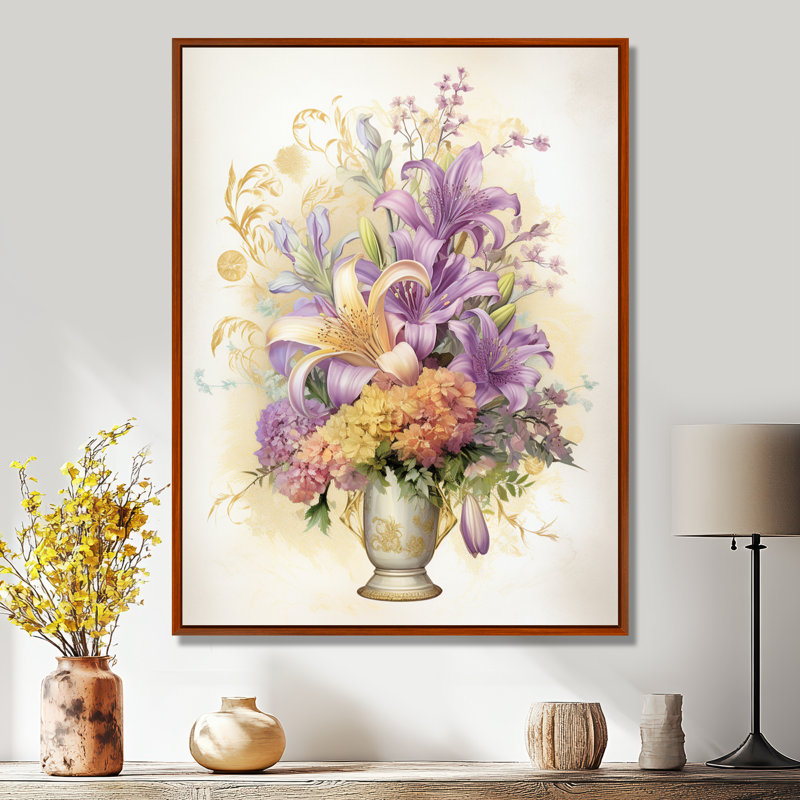 Nature morte avec des lys mauves dans un vase - Assortiment de bouquets d'art mural, Toile avec cadre flottant brun