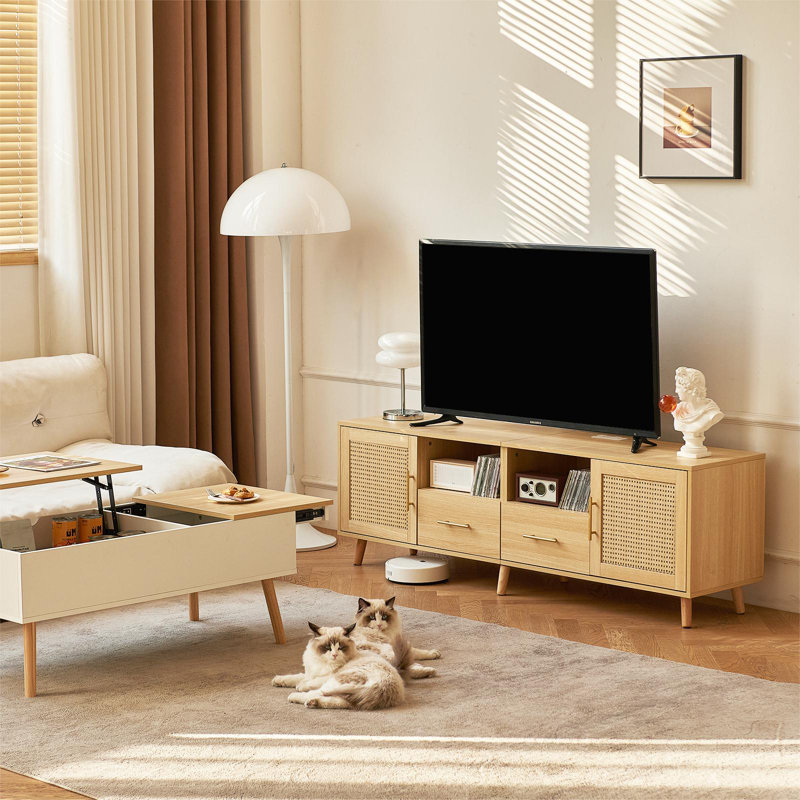 Natural Wood and Rattan TV Stand with LED Lights