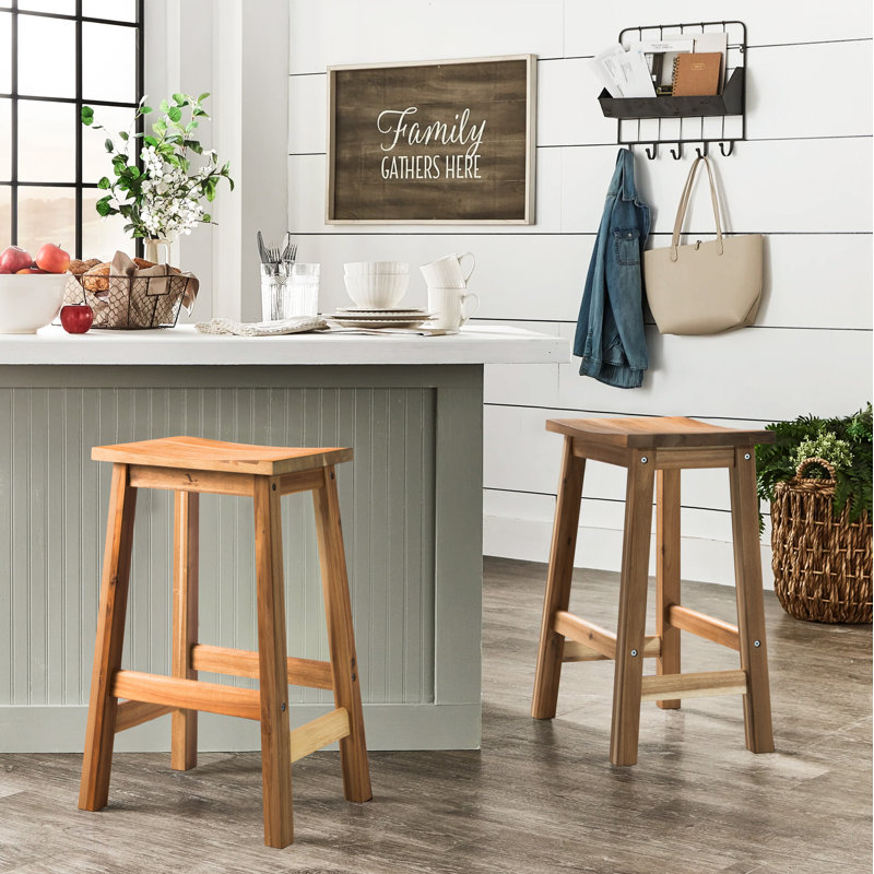Counter&Bar Solid Wood Backless Stool (Set of 2), Light Natural