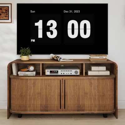 Meuble télé 51 po pour téléviseur 55 60 65 po, meuble télé Mid-Century moderne avec rangement, tablettes réglables, portes coulissantes