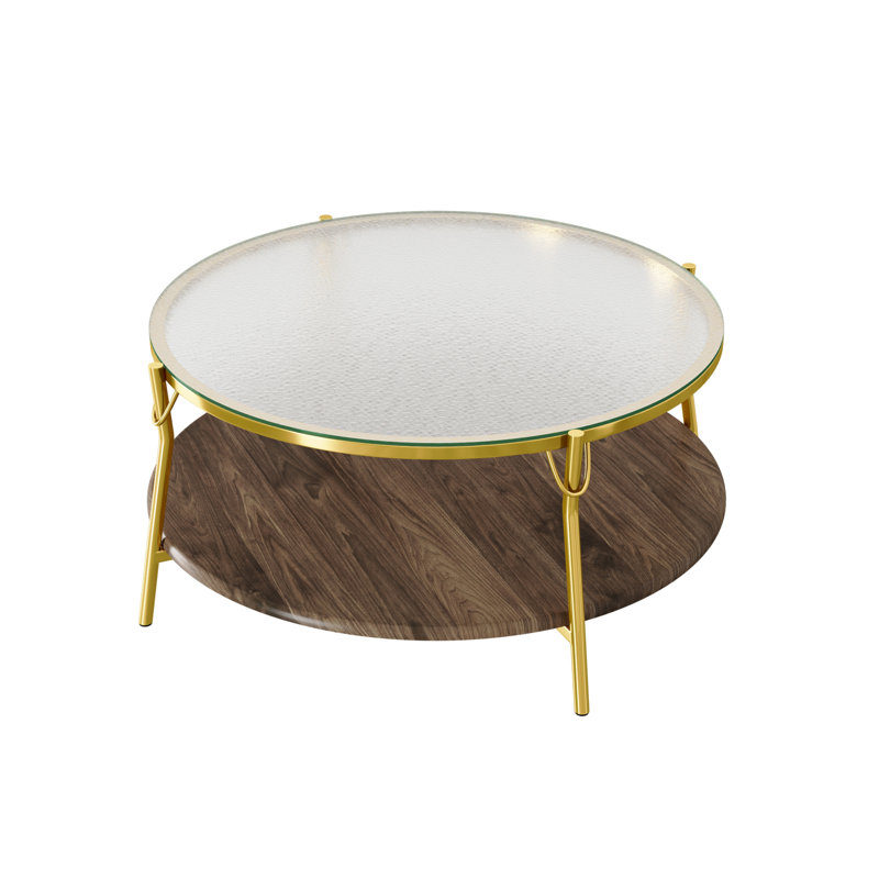 Table basse moderne à 2 niveaux en noyer avec plateau en verre et base dorée pour salon, 29,9 po