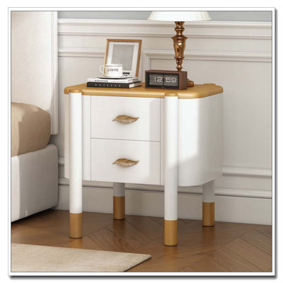 Table de chevet 2 tiroirs avec profil incurvé, table de chevet avec poignées en forme de plumes en métal et pieds exposés