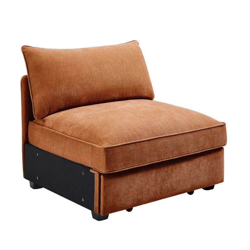 Siège unique orange sans accoudoirs, conception unique avec enroulement, rangement dans le repose-pieds, chenille froissée, conception structurelle en velours d'une hauteur de 32,33 po, rangement escamotable, tissu chenille, largeur 33,75 po