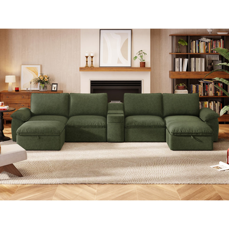 Canapé modulaire 4 places avec 2 repose-pieds et table de bout, Mélange de polyester vert