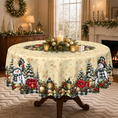 Nappe vintage en vichy noir bonhomme de neige, nappe Merry Christmas Poinsettia