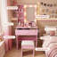Meuble-lavabo lumineux avec prise de courant, support pour sèche-cheveux et tabouret, coiffeuse compacte pour petite chambre à coucher, option multicolore (rose)-375732184