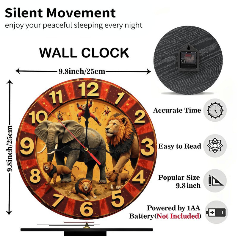 Horloge animaux d'Afrique, lions, éléphants, cirque