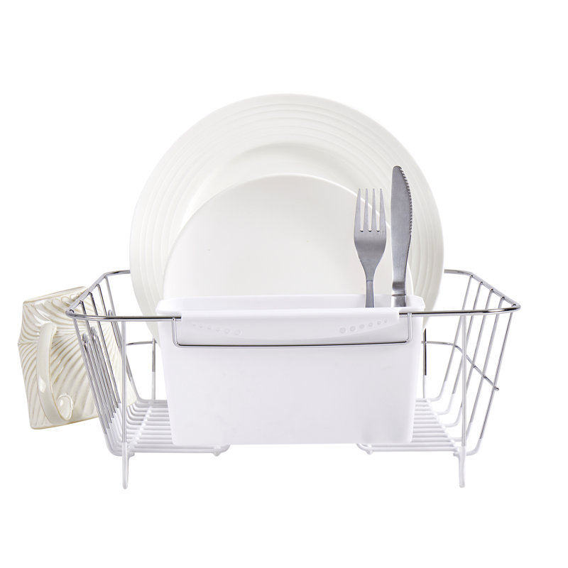 Chrome Plated Steel 2-Piece Compact Dish Drainer with Utensil Caddy, White