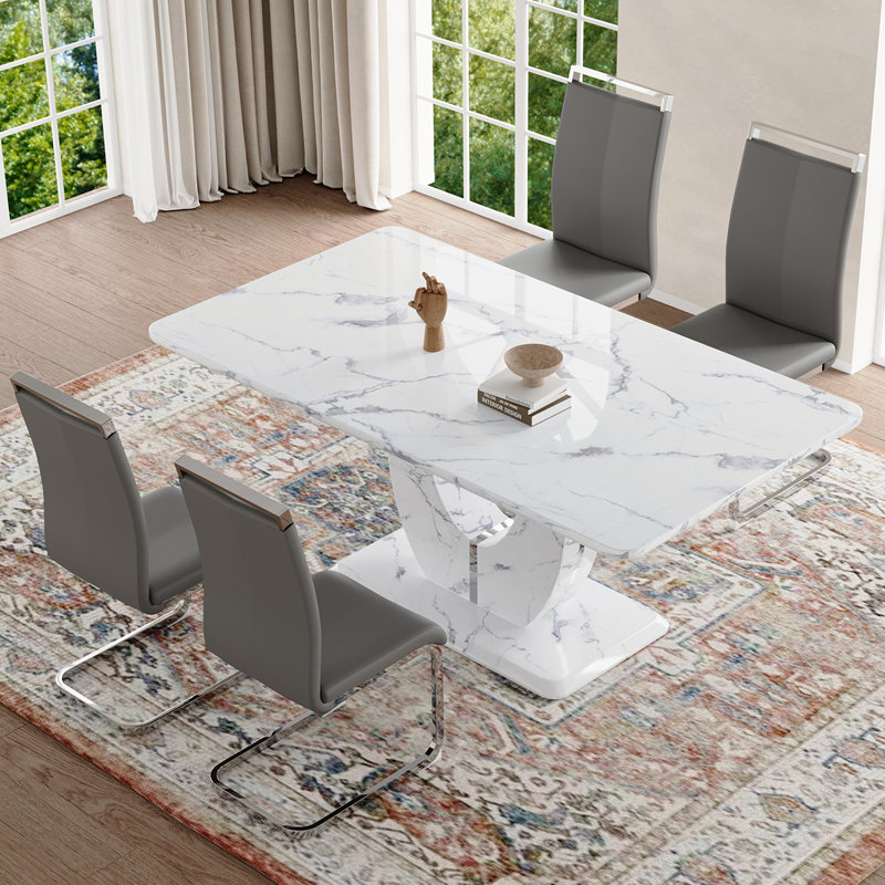 Ensemble de table de salle à manger, Gris / argent, Marbre blanc, 5 pièces